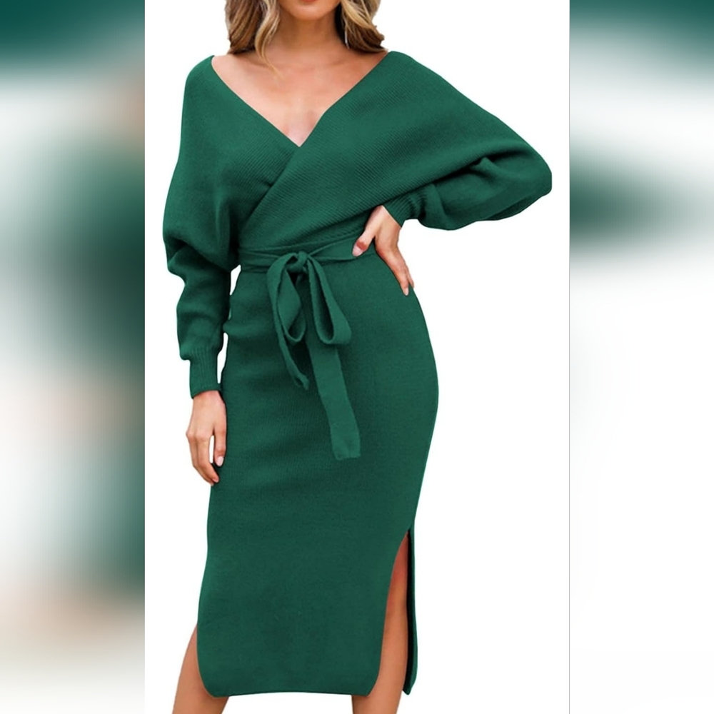 V-neck dolman sleeve bodycon sweater dress